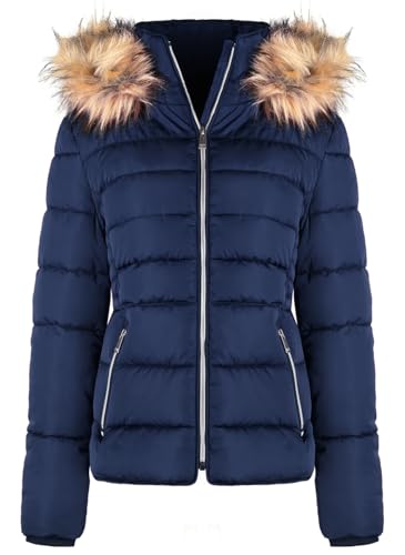 BodiLove Women's Puffer Jacket with Removable Faux Fur Hood and Zipper Navy L3