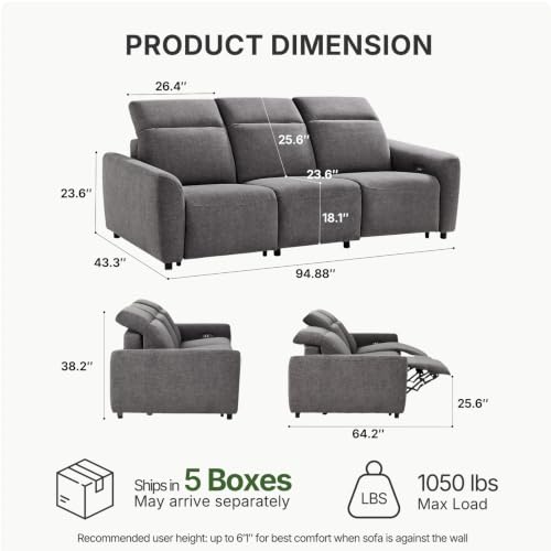 Image of Marsail 95 inch Power Recliner Sofa, Zero Gravity Reclining Sofa with Charging Ports, Adjustable Headrest, 3-Seater Modern Zero Wall Hugger Reclining Couches for Living Room, Pet-Friendly Fabric, Gray