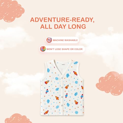 Image of Kidbea Newborn Baby Jhabla Muslin Cotton Clothes for Boys & Girls | Soft Breathable, Cute Printed Sleeveless Baby Wear with Button Closure