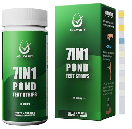 AQUAVERITY 7 en 1: Tiras reactivas para estanques Kit preciso para medir pH, nitratos, nitrito, carbonatos, dureza y cloro total y libre. Accesorios fáciles de usar para estanques de jardín. 50 tiras.