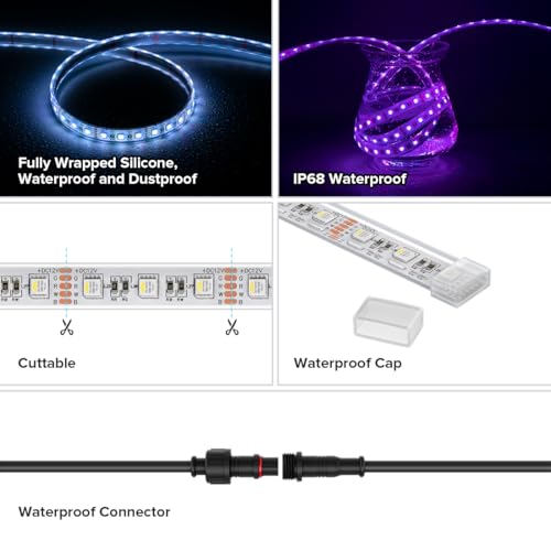 Image of BTF-LIGHTING RGBW LED Strip IP68 Waterproof Cool White DC12V 16.4FT 300LED | White LED Tape PCB 14mm 5050 4 Colors in 1 RGB + 2700K-3000K Tape Lights Can Work Outdoor(No Adapter or Controller)