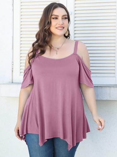 Image of LARACE Cold Shoulder Tops for Womens Summer Clothes Spaghetti Strape Tunic Oversized Shirts Asymmetrical Plus Size Blouse