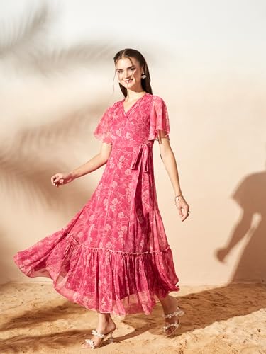 Image of Miss Chase Women's Floral V-Neck Flutter Sleeve Wrap Chiffon Maxi Dress