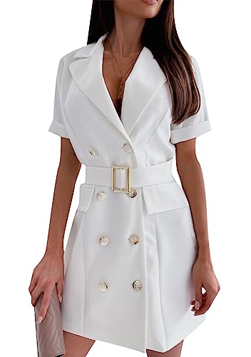 YMING Women's Double Breasted Short Sleeve Blazer Dress with Belt Lapel Wrap Suit Dress White M