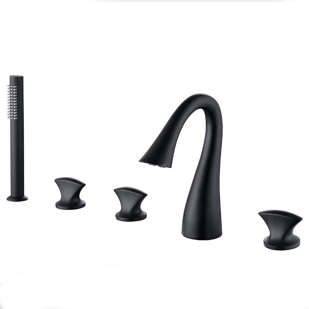 QUSYZD Tub Filler Faucet with Handheld Shower Head, Widespread Tub Faucet Set Deck Mount Gooseneck Bathtub Faucet 5 Holes Tub Tap for Bathroom,Brushed,Black,Black
