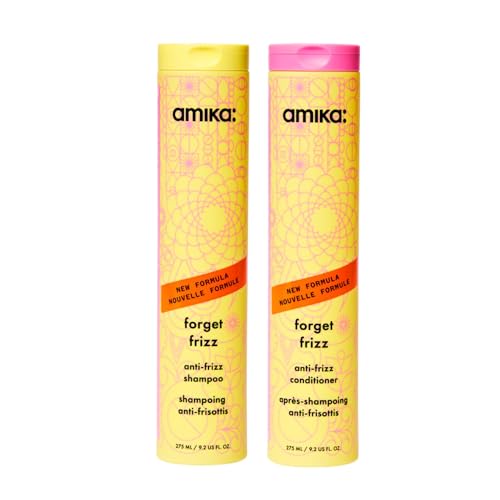Amika forget frizz shampoo + conditioner bundle, 275ml | smoothing, humidity protection, up to 72 hour frizz control + lightweight hydration, for medium to thick coarse hair types 2a-4c