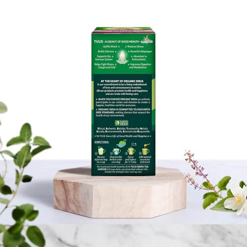 Image of A TATA Product - Organic India Tulsi Green Tea Jasmine - 25 Tea Bags, Certified Organic, Stress Relief, Mood Uplifting, Antioxidant Power, Soothing Jasmine Blend (Pack of 3)