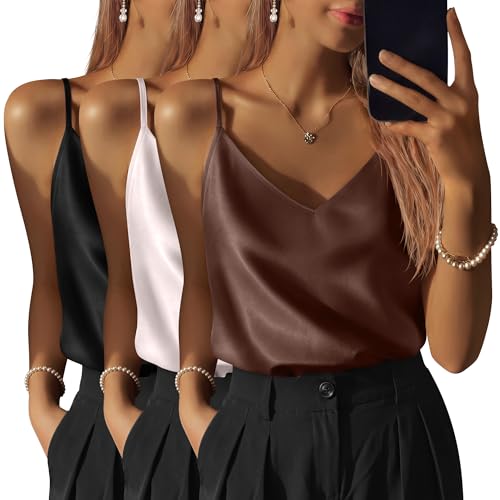 Image of 3 Pack Women's Silk Satin Camisoles V Neck Tank Tops | 95% Polyester, 5% Spandex, Adjustable Spaghetti Strap, Loose Blouse, Daily Wear, Sleeveless, Classic V Neck