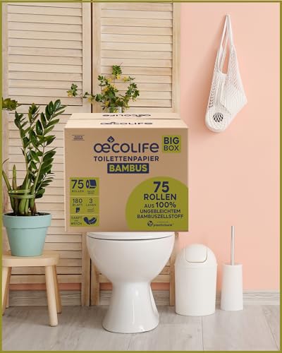œcolife Bambus Toilettenpapier, 75 Rollen, 3-lagig, Ungebleicht in natürlichem Beige, 180 Blatt pro Rolle, Frei von Kolophonium & Chlor, Nachhaltig & Plastikfrei verpackt
