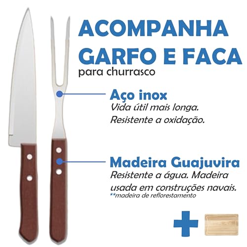 Kit Churrasco Com Faca e Garfo de Aço Inoxidável + Tábua De Corte Em Madeira Reflorestada, Resistent