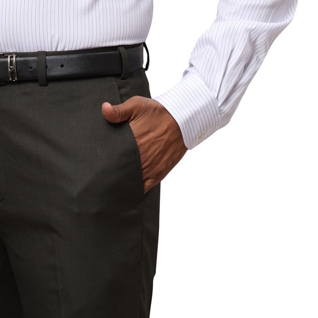 Image of Raymond Men's Mid Rise Contemporary Fit Poly Viscose Blend Solid Pattern Flat Front Formal Trouser