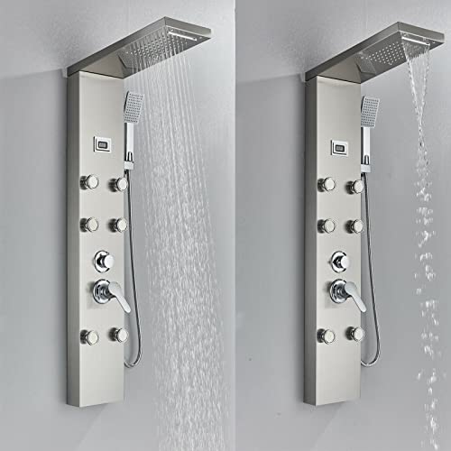 Columna de ducha con panel de masaje, sistema de ducha lluvia y cascada, acero inoxidable miniatura 2