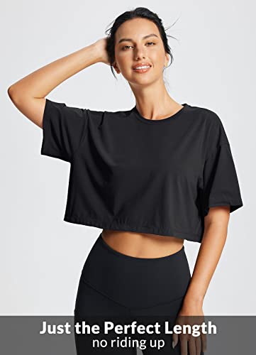 Baleaf Women's 𝐏𝐢𝐦𝐚 𝐂𝐨𝐭𝐭𝐨𝐧 Workout Crop Tops [Loose Fit] [Cute Crewneck] Short Sleeve Gym Athletic Casual T-Shirts Black M #TOP2