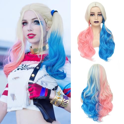 AISI QUEENS Pink and Blue Cosplay Wig - Harley Quinn Wig for Women Halloween Clown Girl Long Curly Synthetic Fiber for Women Wavy Suicide Squad Style for Party
