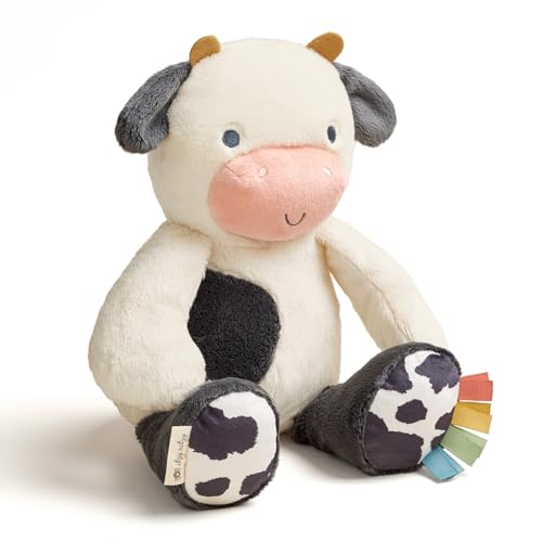 Image of Itzy Ritzy Snuggles Plush Toy – Soft Stuffed Animal for Babies, Kids & Adults – Sensory Ribbons & Textured Fabrics for Tactile Play – Cozy & Cuddly Companion for Newborns & Up (Cow)