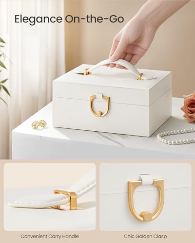 SONGMICS 2-Layer Jewelry Box Organizer, Jewelry Storage Case with Removable Tray and Handle, for Necklaces, Earrings, Rings, Bracelets, 6.7 x 8.1 x 3.7 Inches, Gift Idea, Cream White UJBC208WD01 — view 2