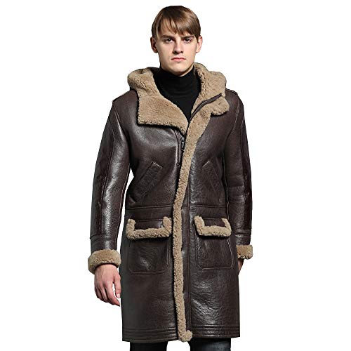 SANI Luxury Long Sheepskin Shearling Fur Men Winter Thick Real Sheep Fur Coat (M, Brown)