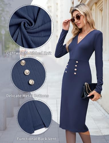 ZAFUL Women's Long Sleeve Wear to Work Midi Dress Lightweight V Neck Business Office Sheath Bodycon Pencil Office Dress Fall Navy Blue2