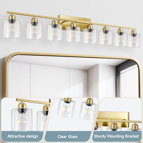 Image of Modern Brushed Gold 8 Light Bathroom Light Fixtures, 52 inch Vanity Lights for Bathroom with Clear Glass, Bathroom Light Fixture for Mirror Kitchen Living Room Hallway Cabinet Porch