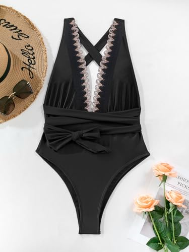 Image of Lilosy Sexy Tie Criss Cross Plunge One Piece Thong Swimsuit High Cut Brazilian Bathing Suit