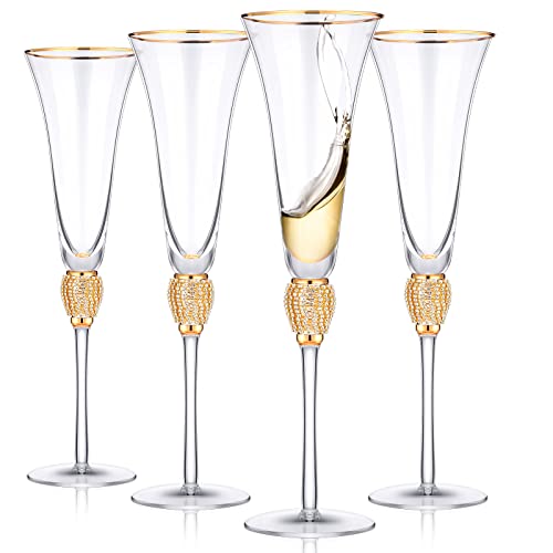 Hoolerry Set Of 4 Wedding Bride And Groom Champagne Flutes With Gold Rim 7 Oz Rhinestone Diamond Studded Toasting Glasses Diamond Long Stem Wine Glasses Rhinestone Champagne Tulip Glasses Wedding Gift #TOP28