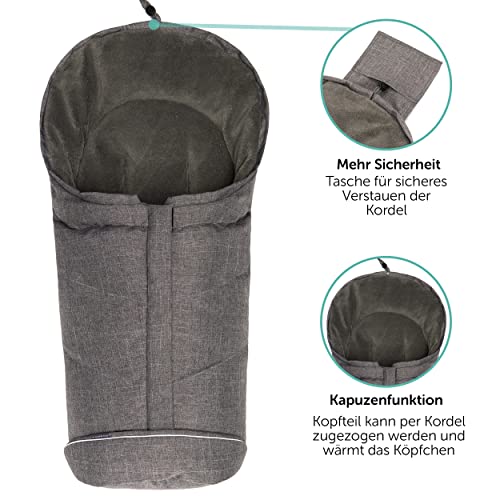 Zamboo Universal Fußsack Daunen für Babyschale und Babywanne - Winterfußsack für 3- oder 5-Punkt-Gurt, extra leicht und warm, mit Kapuze und Tasche - Grau