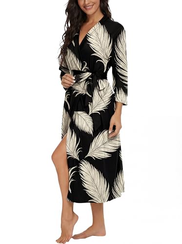 Image of VINTATRE Robes for Women Long Knit Bathrobe XS-4XL | 3 /4 Sleeve Bathrobes with Pockets, Stretchy and Lightweight Fabric, Inner Tie and Fixed Outer Matching Belt, Mid Calf Length