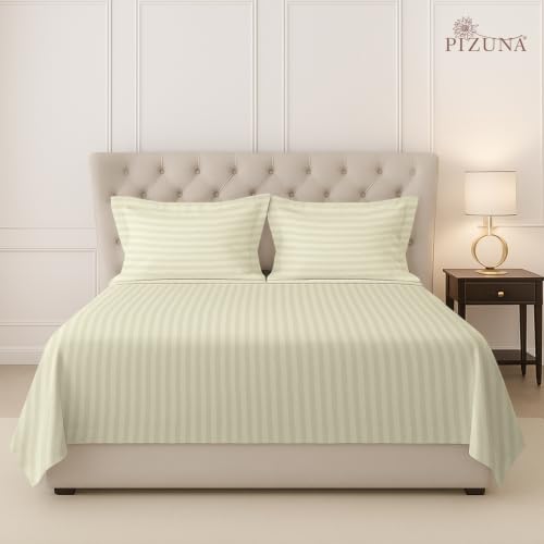 Image of Pizuna 100% Cotton Bedsheet Super King Size with 2 Pillow Covers, 300 Thread Count Long Staple Cotton, Stripes Pattern Flat Bed Sheet 108X108 Inch for Superking Bed, Cream