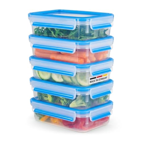 EMSA Clip & Close Frischhaltedosen-Set, rechteckig, 5 X 0,8 L, Aufbewahrungsboxen, 100 Prozent dicht, spülmaschinen-, gefrier-, mikrowellenfest, Transparent, Blau, Made in Germany, N10307 1