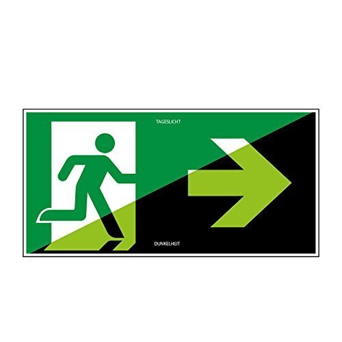 Preisvergleich Produktbild Fluchtwegschild 300x150mm - lang nachleuchtend - Folienschild selbstklebend - gem. ASR 1.3, DIN ISO 7010 (E002+Pfeil rechts)