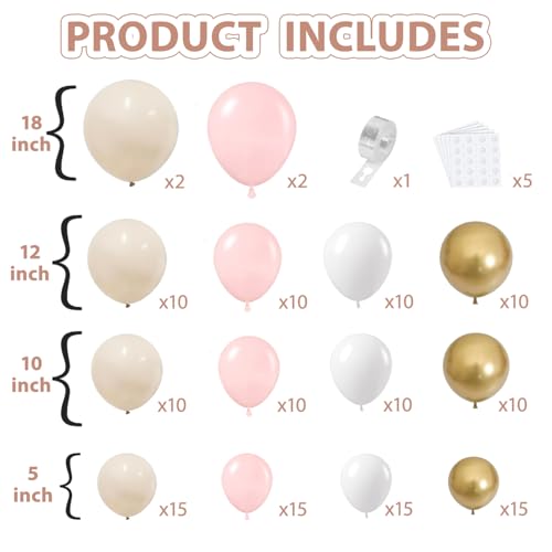 Image of Pink Beige White Balloons Arch Kit, Sand White,Gold,144 pcs, Different Size
