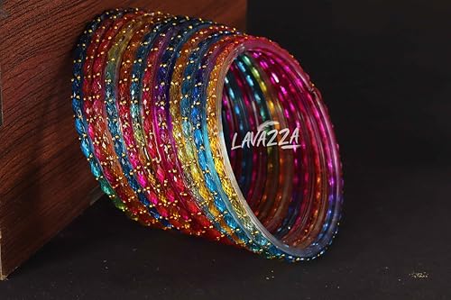 Image of LAVAZZA Raindrop Glass Bangles Set For Women & Girls with Zircon Diamond Stone & Beads | Trendy Transparent Crystal Glass Bangles | Fancy Kanch ki Chudi Set | Bangles for Wedding, Party- Set of 12