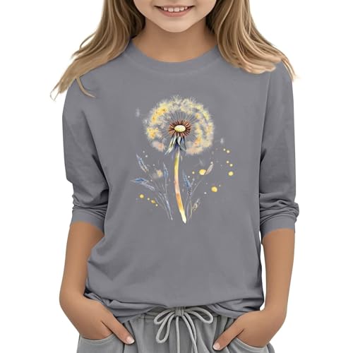 Teen Girls Floral 3/4 Length Sleeve Top Summer Crewneck Casual Athletic Blouse for Kids Soft Comfy (Grey #2, 8-9 Years)