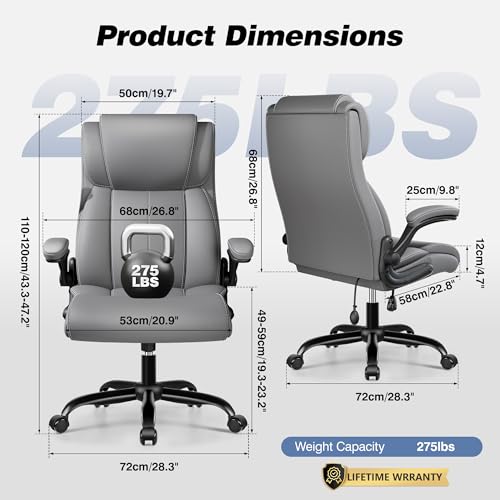 Image of BESTFAIR Ergonomic Office Chair, Adjustable Lumbar Support, High Back, Gray | Inflatable Lumbar for Custom Comfort, Flip-Up Arms, 21 inch Wide Seat, Scratch-Resistant PU Leather, Rocking Function, 4 Pack