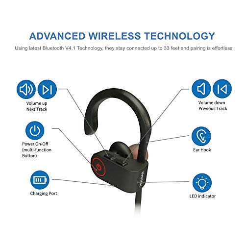 Bluetooth Headphones, Hussar Magicbuds Best Wireless Sports Earphones with Mic, IPX7 Waterproof, HD Sound with Bass, Noise Cancelling, Secure Fit, up to 9 Hours Working time (Upgraded), Black