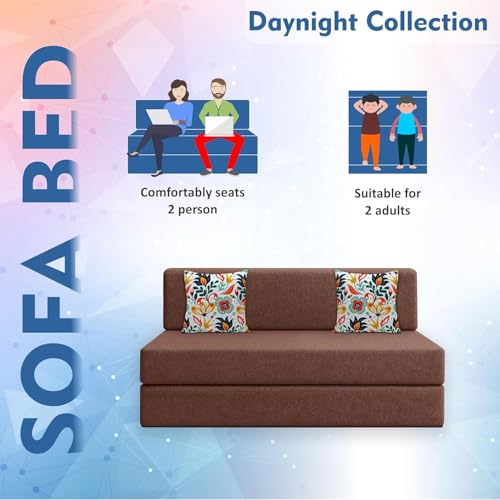 Image of Los Angeles Foldable Two Seater Sofa Cum Bed, Sofa Bed 4 X 6 Feet Jute Fabric Washable Cover- Including Cushion Perfect for Living Room & Office, Guest Room - Brown Color