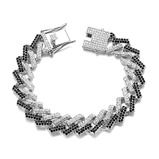 Rayfond Chains for Men Gold with Black Diamonds Iced Out Cuban Link 15mm Wide White Gold Platinum Plated Bracelet Handmade 8" Birthday Gift Party Jewelry