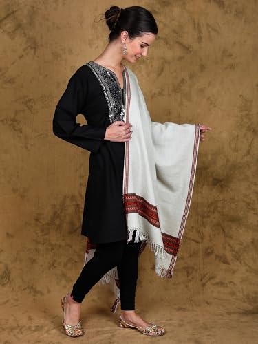 Women Wool Stole with Kinnauri Border | Traditional Kullu Soft Warm Shawl, Scarf | Size - 80 Inch X 29 Inch2