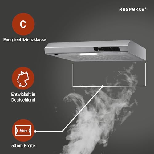 Respekta Dunstabzugshaube unterbau / Unterbau-Dunstabzugshaube 50 cm / Metallgehäuse in Edelstahl Look / Abluft - und Umluftfunktion / DH540IXL / C / 52–68 dB