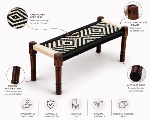 Image of Handwoven Wooden Bench | Traditional Rope Charpai Stool | Solid Wood Frame Seating for Living Room, Balcony & Outdoor | Durable & Stylish Design (Black and White)