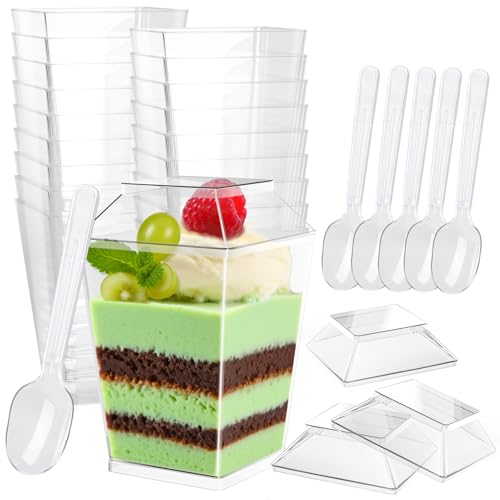 PHYLES 50 Pezzi Tazze Bicchieri da Dessert con Coperchio e Cucchiaio, 5 oz/160 ml Coppette da Dessert Quadrate, Bicchierini Finger Food, Riutilizzabili Monoporzione Budini Mousse Tiramisù