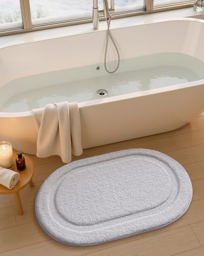 Image of Color&Geometry Oval White Bathroom Rugs 32x20, Extra Soft Absorbent Microfiber Bath Rugs, Non-Slip Bathroom mat, Washable Plush Bath Mats for Bathroom, Shower, Bathtub, Laundry, White