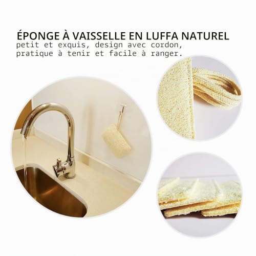 Épurateur d'éponges à Vaisselle en luffa Naturel (Paquet de 6), éponge de Nettoyage Anti-Rayures, éponge de luffa biodégradable en Fibre végétale Verte et écologique – vue 5