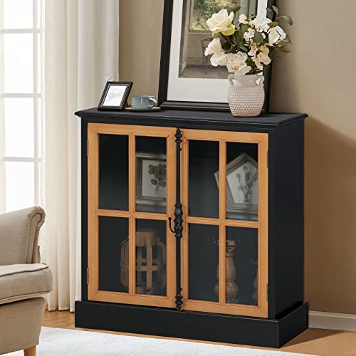 Image of MAISON ARTS Accent Cabinet with 2 Doors, Farmhouse Decorative Storage Cabinet for Entryway Living Room Modern Kitchen Sideboard Buffet Cabinet, Solid Wood Frame, Glass Doors Black