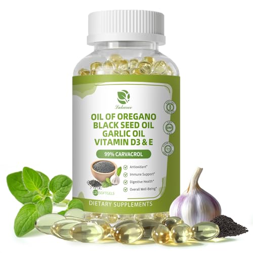 Lukaree Oregano Oil Capsules with Black Seed Oil, Garlic Oil, Vitamin D3 E, 99% High Concentrated Carvacrol - Antioxidant, Immune & Digestive Support*, 120 Softgels Caps, 60 Day Supply, Non GMO | GMP