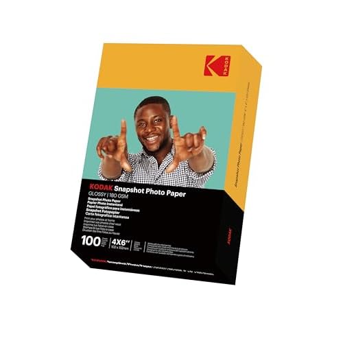 KODAK Snapshot Photo Paper - Papel Fotográfico Instantáneo, Acabado brillante, paquete de 100 hojas, tamaño 102 x 152 mm, 180 g/m², compatible con impresoras de inyección de tinta