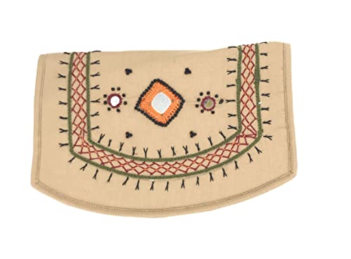 Image of SriShopify Handcrafted Cotton Hand Clutches for Women Stylish Handmade Mirror Embroidery Floral Design Purse for Ladies Gifts (Beige Wallet)