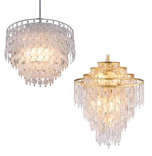 TOCHIC 6-Light Capiz Shell Crystal Chandelier Bundle: 24" D Modern Coastal Chandelier, Boho Round Seashell Chandelier Light Fixture for Bathroom, Dining Living Room, Bedroom, Entryway