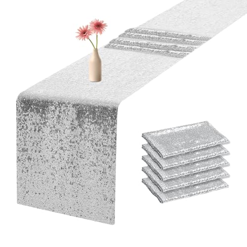 OQSC Sequin Table Runners 72 Inches Long Christmas Glitter Rectangle Table Runner for Party, Wedding, Bridal 6 Pcs, Silver by OQSC - Used condition - US$21.02