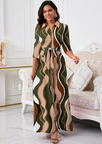 Image of Rumwind Maxi Dresses for Women, 3 /4 Sleeve Shirt Collar Casual Afircan Print Church Dress Button Down with Belt and Pockets